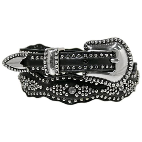 Brighton black leather belt with silver-tone studs, crystal accents, and ornate buckle on a white background