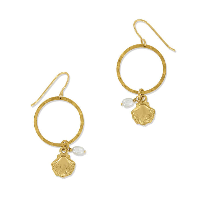Brighton hoop earrings with gold-plated hammered rings, scallop shell charms, and rice pearl accents on a white background