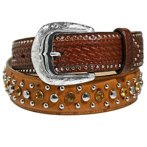 Brighton brown leather belt with basketweave buckle, silver-tone studs, and yellow crystal accents on a white background