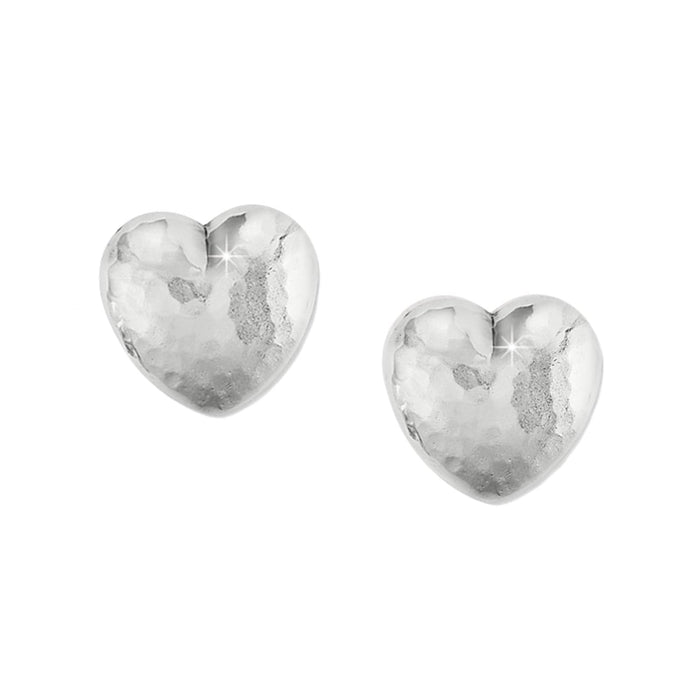 Brighton heart stud earrings with hammered silver-plated finish and puffed shape on a white background