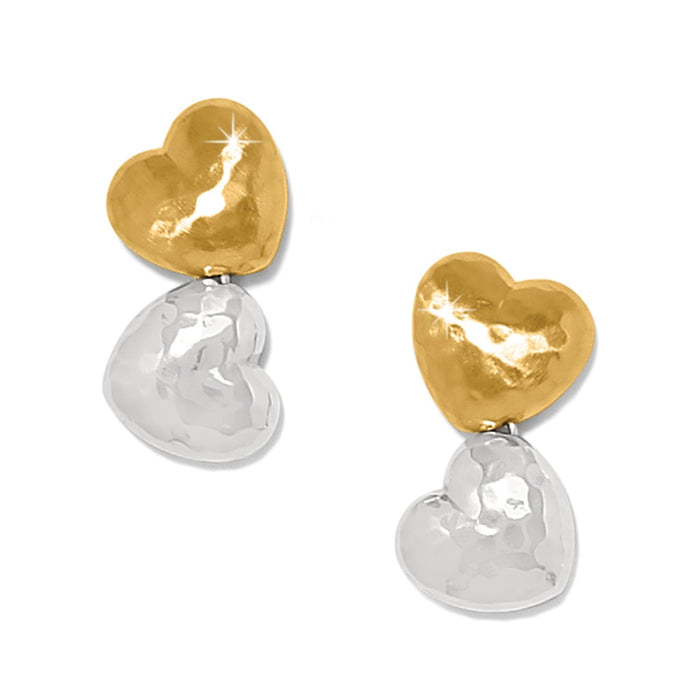 Brighton drop earrings with hammered two-tone gold and silver stacked heart design on a white background