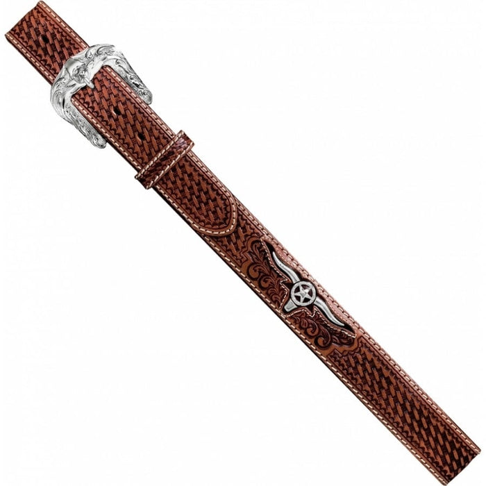 Brighton tooled leather belt with basketweave pattern, silver-tone buckle, and longhorn star concho on a white background
