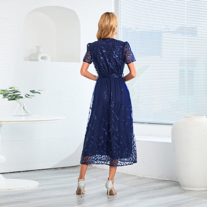 Embroidered Bright Yarn Mesh DressSlim Fit V neck Mid Length Dress