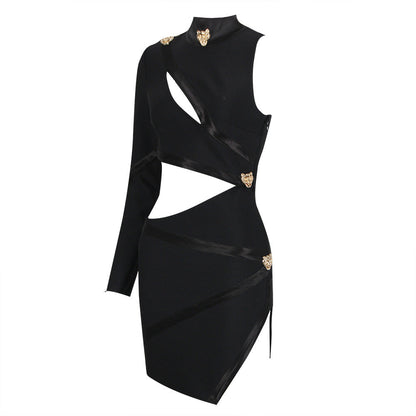 Hollow Out Cutout Single Long Sleeve Scarf Collar Dress Bandage One Piece Dress