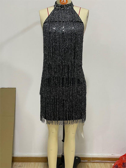 Low Cut V neck Chest Sequined Material Back Cross Strap Dress