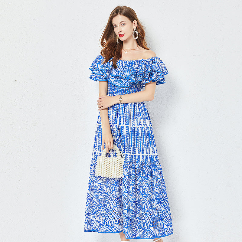 Cotton Embroidered Hollow Waist Dress Shoulder Ruffled Long Dress