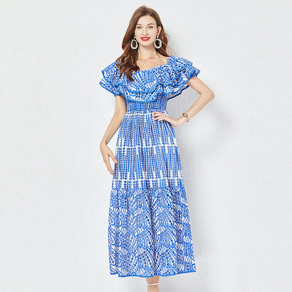 Cotton Embroidered Hollow Waist Dress Shoulder Ruffled Long Dress