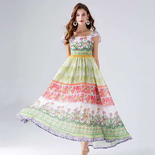 Contrast Colorful Flower Print Chiffon Dress High Waist Back Rubber A Line Dress