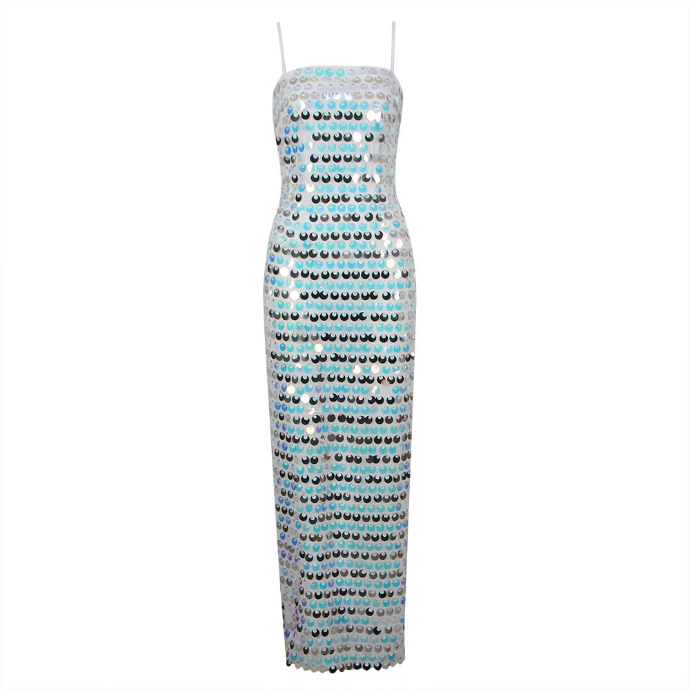 High-End Sequined Light Luxury Strap Dress Cocktail Host Annual Meeting
