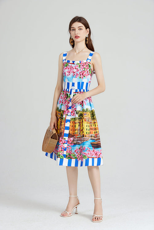 Elegant Show Palace Positioning Printed Sling Dress Slim fit High Waist A line Dress