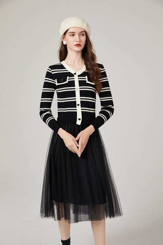 Chanel Striped Knitwear Stitching Mesh Dress Elegant Yarn Dress