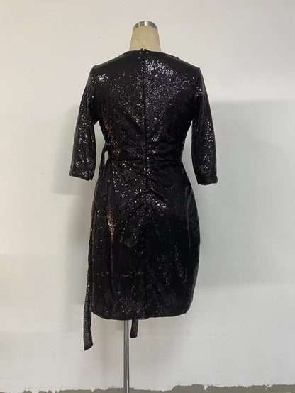 Long Sleeve Solid Color Sequ V neck Lace up Small Dress