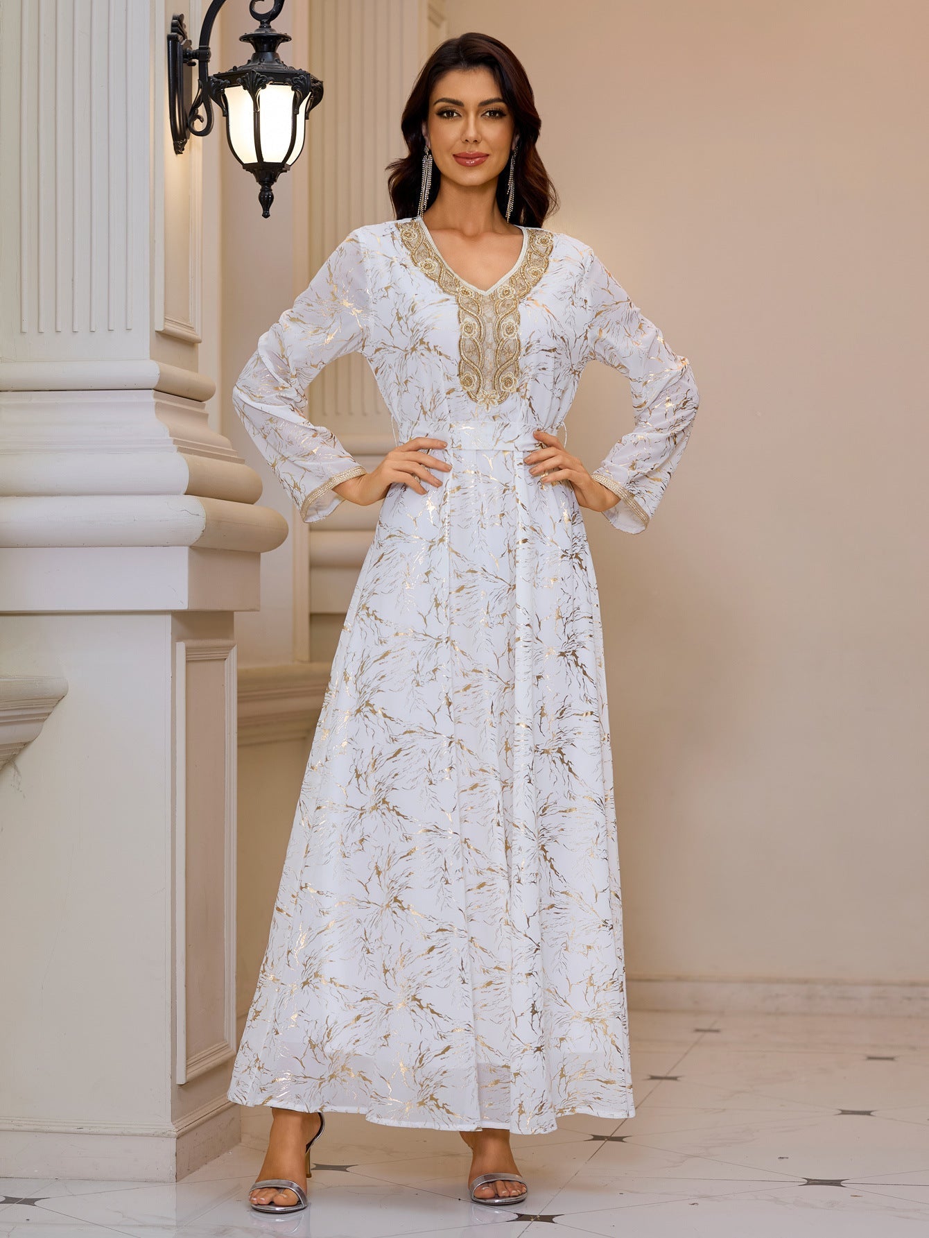 Gold Pattern Printed Maxi Dress Patchwork Knitted Belt Long Sleeve Dress