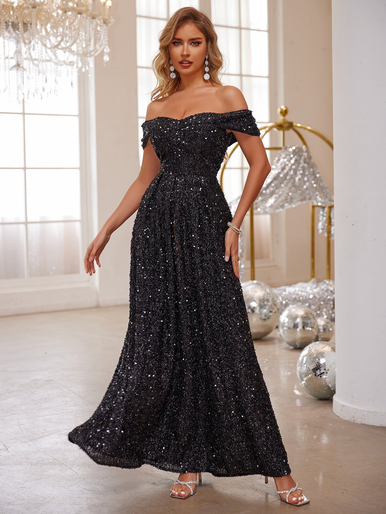 High End Party Sequ off Neck Party Formal