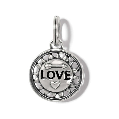 Brighton round charm with LOVE text, arrow, heart motif, and openwork border in silver-tone on a white background
