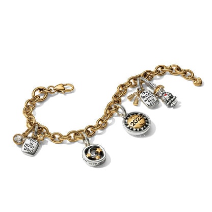 Brighton two-tone charm bracelet with gold chain and mixed silver charms including 2023 graduation themes on white background