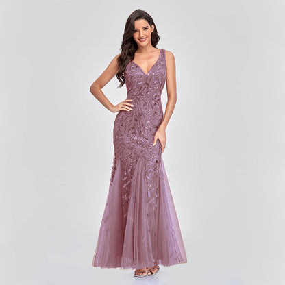 Dress Sleeveless V-neck Embroidery Sequin Slim Fishtail Bridesmaid Evening Dress for
