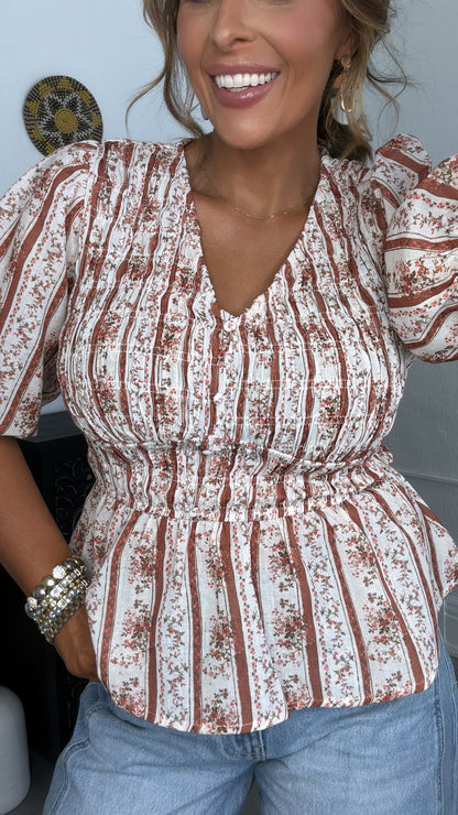 Dakota Smocked Blouse, Brown Multi