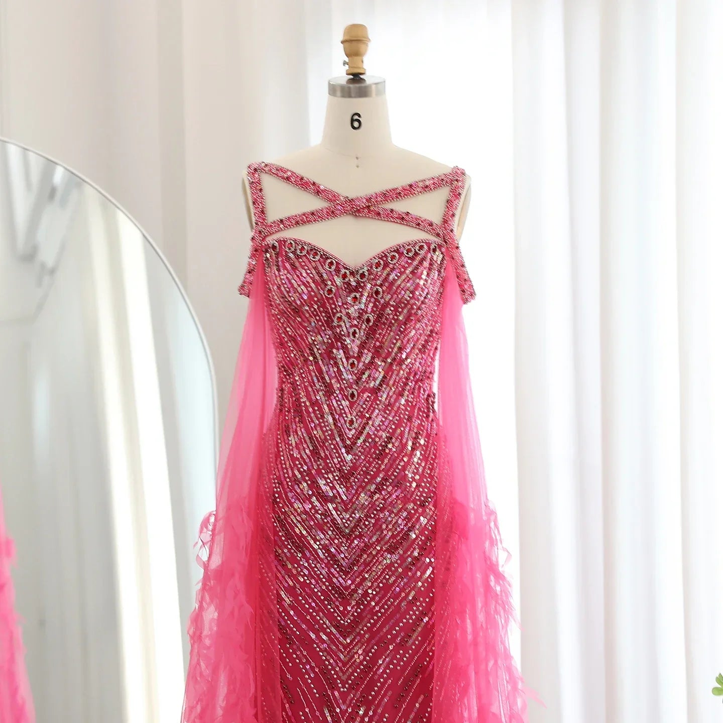 Crystal Fuchsia Mermaid Evening Dresses with Cape Sleeves
