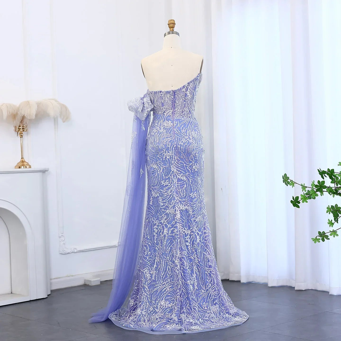 Mermaid Cape Sleeve Scalloped Green Evening Dress