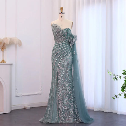 Mermaid Cape Sleeve Scalloped Green Evening Dress