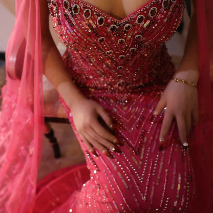 Crystal Fuchsia Mermaid Evening Dresses with Cape Sleeves