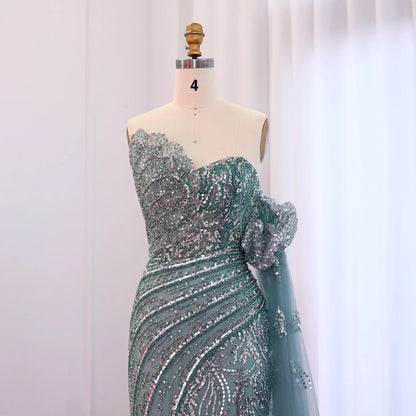 Mermaid Cape Sleeve Scalloped Green Evening Dress
