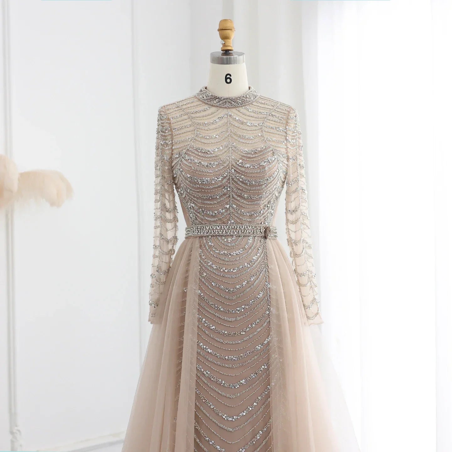Champagne Mermaid Long Sleeves Dress with Overskirt