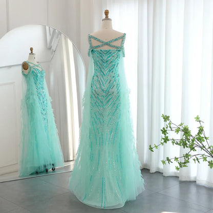 Crystal Fuchsia Mermaid Evening Dresses with Cape Sleeves