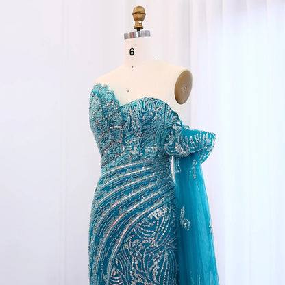 Mermaid Cape Sleeve Scalloped Green Evening Dress