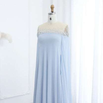 Crystal Baby Blue Evening Dress with Cape| Kaftan Gowns| Customized