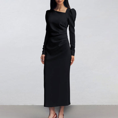 Casual Elegant Irregular Asymmetric Collar Puff Sleeve Tight Split Dress Khaki Maxi Dress