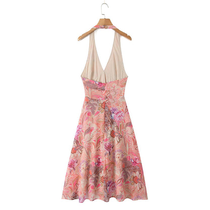 Casual Waist Controlled Slim Fit Slimming Paisley Halter Backless Dress