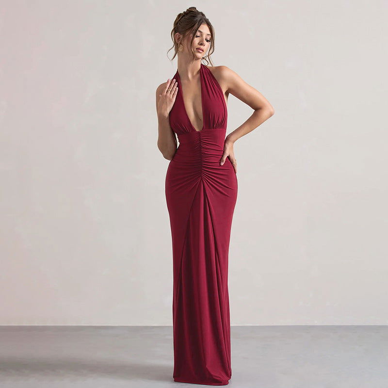 Elegant Slim Fit V neck Halter Pleated Slimming Foundation Dress