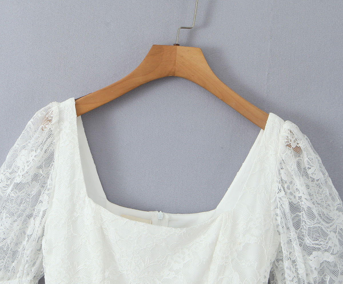 Lace Stitching Elegant Lady Lotus Rhizome Node Solid Color Dress Short Dress