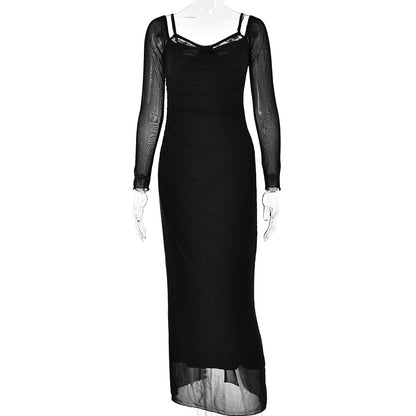 Long Sleeve Spaghetti Strap Backless Tight Split Maxi Dress
