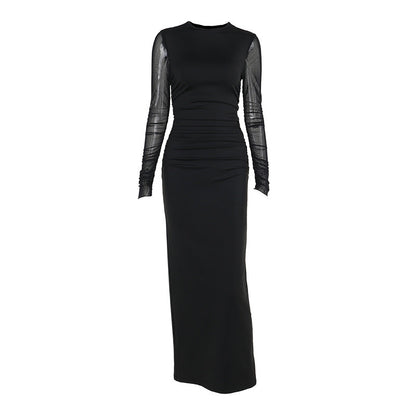 Long dress Socialite Elegant Slim Fit Mesh Sleeves Solid Color