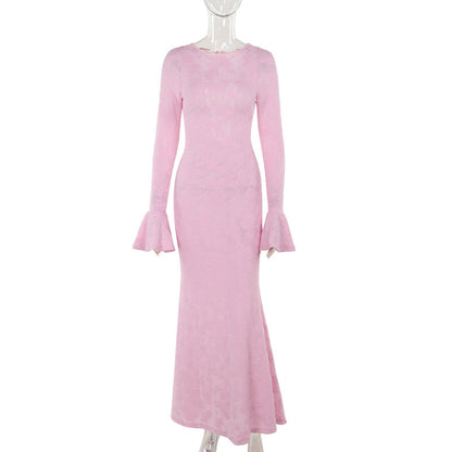 Maxi DressElegant Slim Jacquard Backless Lace up round Neck
