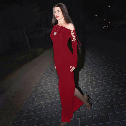 Maxi Dress Solid Color One Shoulder Cold Shoulder Slim Sheath Dress
