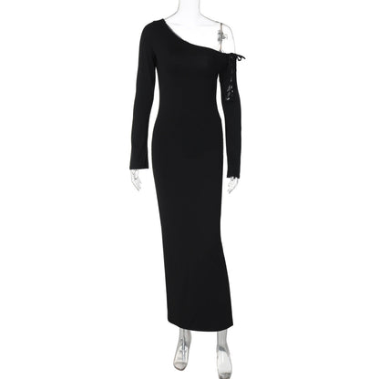 Maxi Dress Solid Color One Shoulder Cold Shoulder Slim Sheath Dress