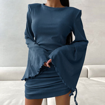 Elegant Round Neck Flared Sleeves Tight Lace Up Dress Knitted Solid Color Dress