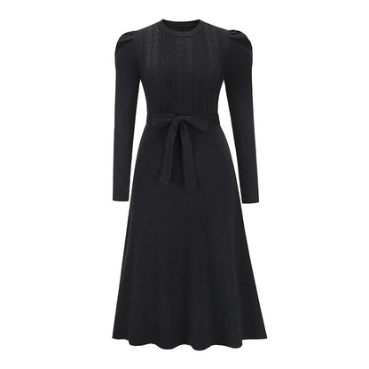 Bubble Long Sleeve Knitted Dress Mid-Length Elegant Slimming High Waist Big Swing Dress Base Sweater Dress