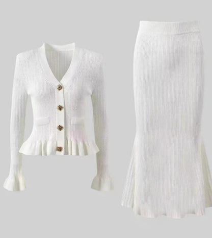 Classic Ruffled V neck Hip Small Fishtail with dress Set