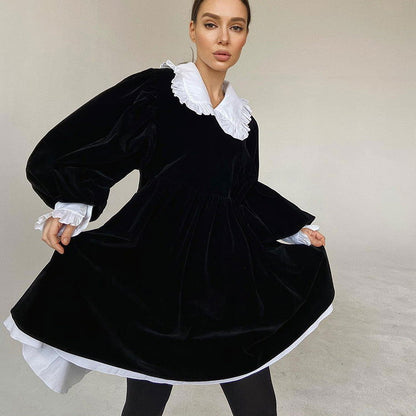 Design French Doll Collar Casual Velvet Black Dress Dress Petti dress for