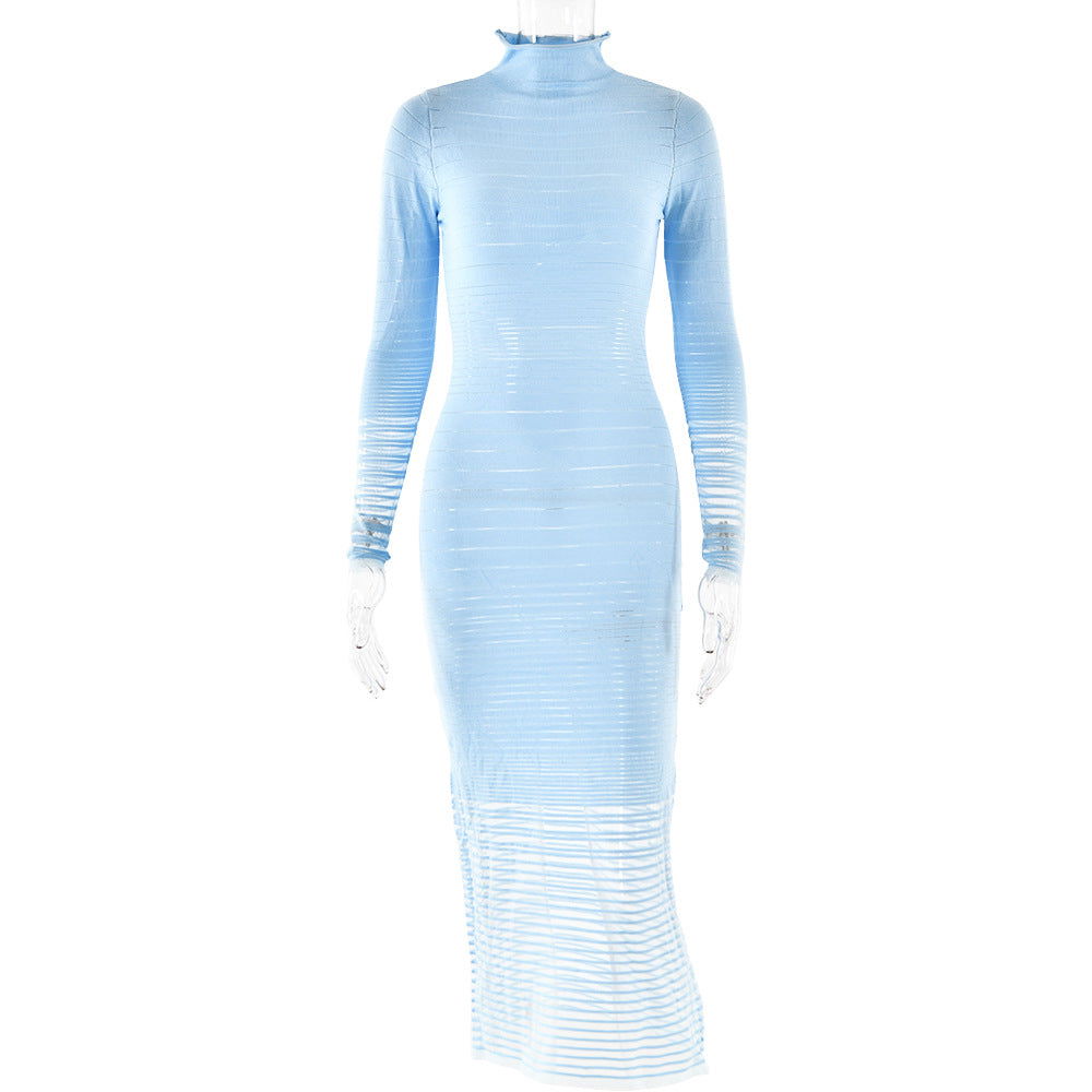 Dress Knitted Long Sleeved Slim Striped See through Dress