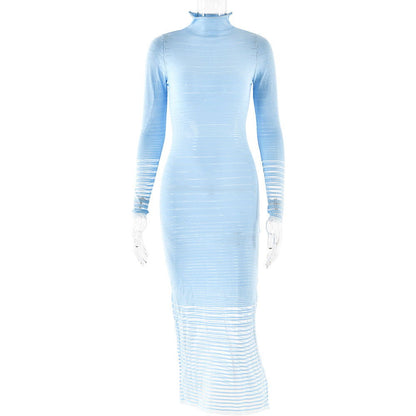 Dress Knitted Long Sleeved Slim Striped See through Dress