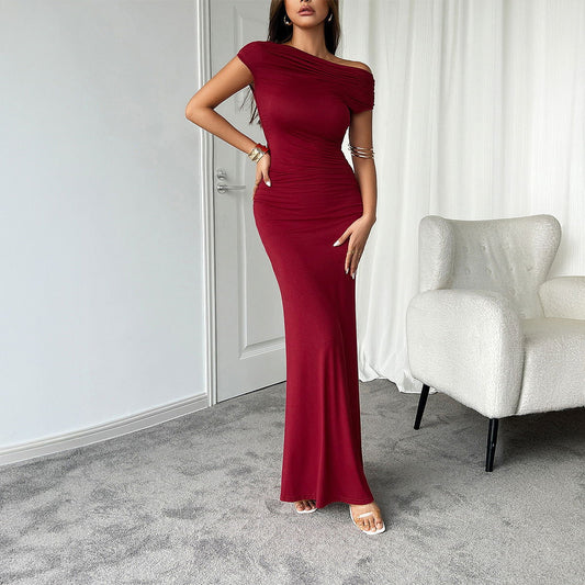 Dress Slim Shoulder Short Sleeve One Step Hip Dress