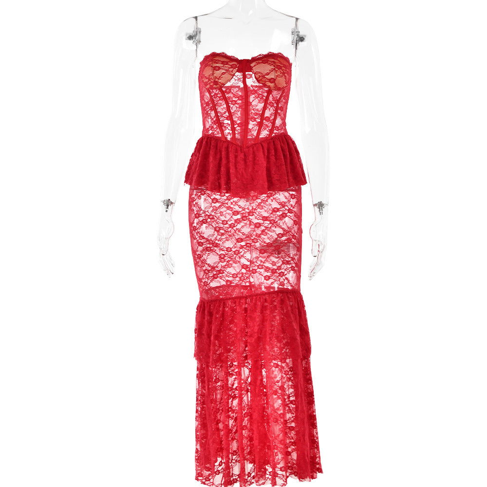 Lace See through Tube Top Fishtail Dress Tight Night Club Long Dress