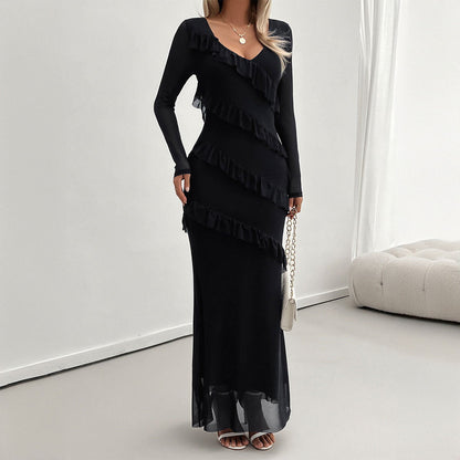Long-Sleeved Elegant Slim Fit Mesh V neck Dress