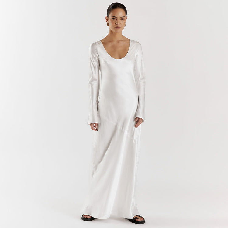 Maxi Solid Color Satin Round Neck Long Sleeve Loose Casual Dress
